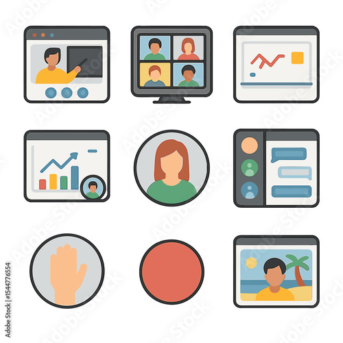 Virtual Classroom Icons. Isometric Flat icon set of virtual classroom environments: video lecture, breakout room, whiteboard