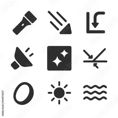 Modern Light Icons. Solid, filled icons set of light and reflection: flashlight icon, light beam, reflection icon, reflector cone, shiny surface, angle icon, lens icon, brightness icon, light waves.