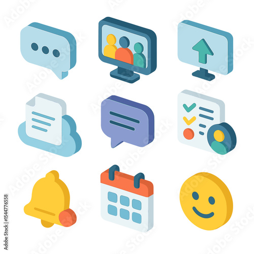 Virtual Collaboration Icons. Isometric Flat icon set of virtual collaboration tools: chat bubble, group video call, share screen