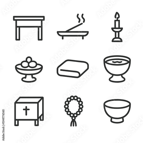 Ritual Space Icons. Outline icon set of ritual space components: altar table, incense holder, candle stand, offering tray,