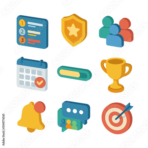 Virtual Fitness Icons. Isometric Flat icon set of virtual group fitness challenges: leaderboard scoreboard, badge icon, team