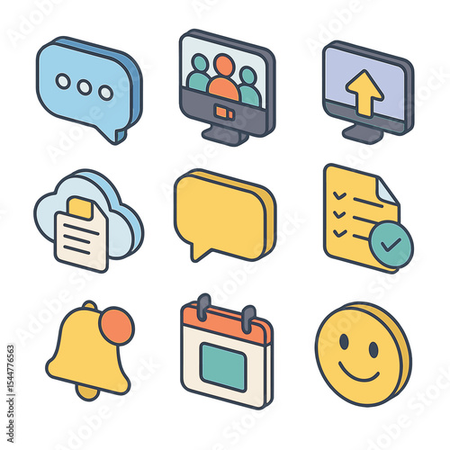 Virtual Collaboration Icons. Isometric Flat icon set of virtual collaboration tools: chat bubble, group video call, share screen