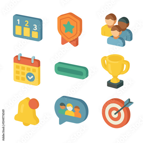 Virtual Fitness Icons. Isometric Flat icon set of virtual group fitness challenges: leaderboard scoreboard, badge icon, team