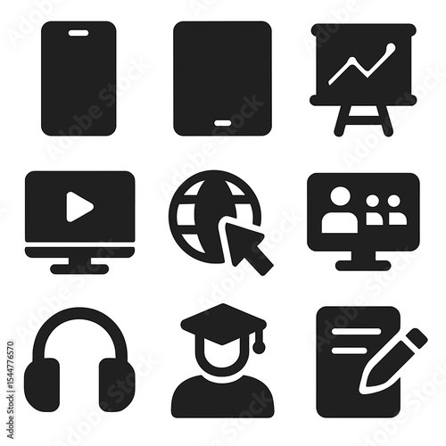 Modern Education Icons. Solid, filled icons set of modern education technology: smartphone icon, tablet icon,