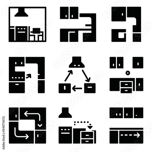 Modern Kitchen Icon Designs. Solid, filled icons set of kitchen layout ideas: open concept, galley kitchen,