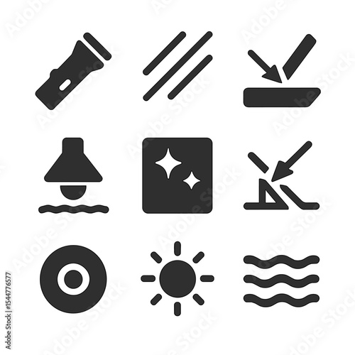 Modern Light Icons. Solid, filled icons set of light and reflection: flashlight icon, light beam, reflection icon, reflector cone, shiny surface, angle icon, lens icon, brightness icon, light waves.