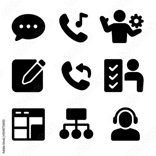 Modern Multitasking Icons. Solid, filled icons set of multitasking representative: chat icon, hold call,