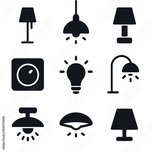 Modern Lighting Icons. Solid, filled icons set of modern living room lighting: floor lamp, pendant light, side