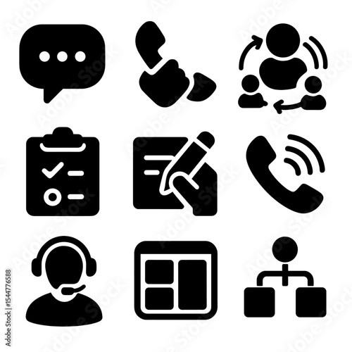 Modern Multitasking Icons. Solid, filled icons set of multitasking representative: chat icon, hold call,