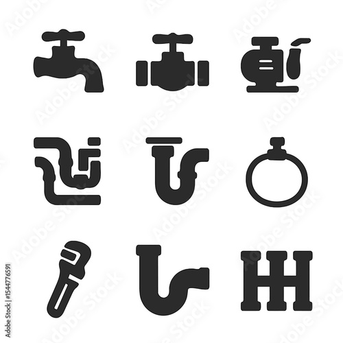 Modern Plumbing Icons. Solid, filled icons set of modern plumbing systems: faucet icon, valve icon, water pump