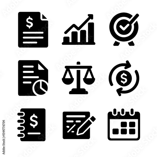 Monthly Finance Icons. Solid, filled icons set of monthly review and adjustments: expense report, comparison