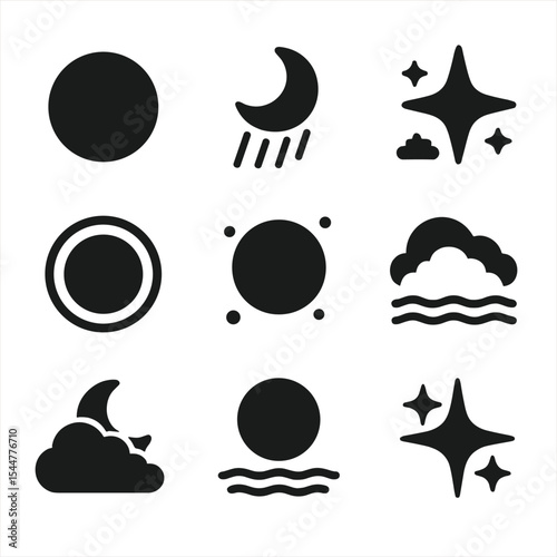 Moonlight Icon Set. Solid, filled icons set of moonlight glow: full moon, moonbeam, starlight, lunar halo,