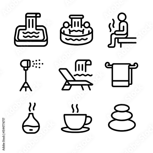 Waterfall Icons Set. Outline icon set of waterfall-themed amenities: spa pool, hot tub, sauna steam, mist sprayer, lounge chair,