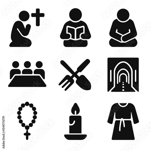 Monastic Life Icons. Solid, filled icons set of daily monastic life: morning prayer, scripture reading, silent