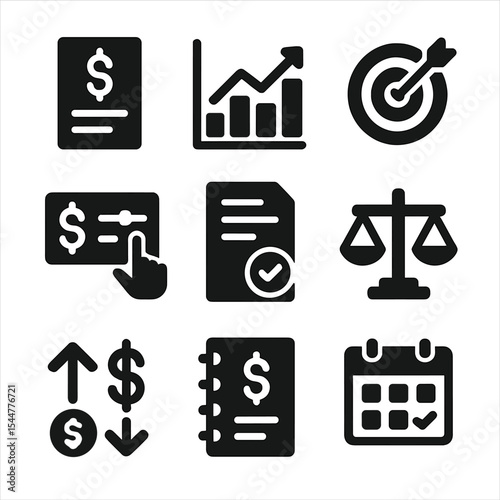 Monthly Finance Icons. Solid, filled icons set of monthly review and adjustments: expense report, comparison