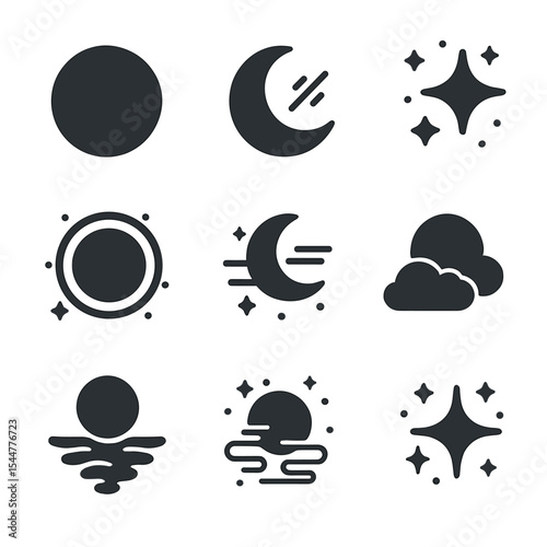 Moonlight Icon Set. Solid, filled icons set of moonlight glow: full moon, moonbeam, starlight, lunar halo,