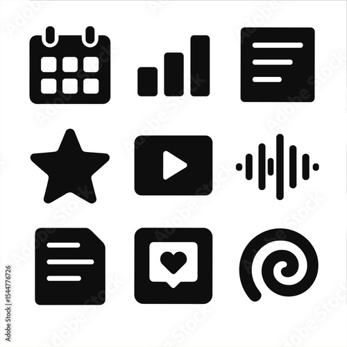 Monthly Summary Icons Grid. Solid, filled icons set of monthly content summary: calendar icon, bar chart, text