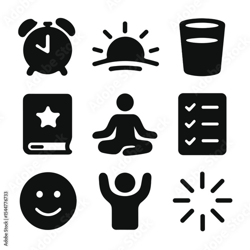 Morning Motivation Icons. Solid, filled icons set of morning motivation rituals: alarm clock, sunrise glow,