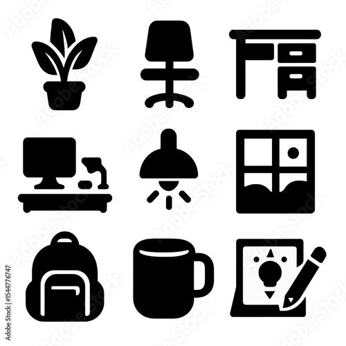 Modern Workspace Icons. Solid, filled icons set of workspace details: office plant, modern furniture, desk