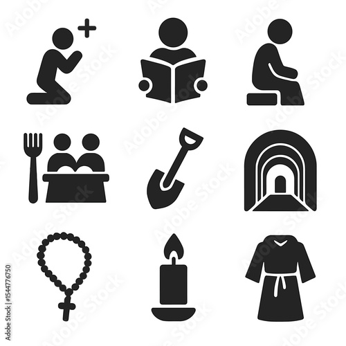 Monastic Life Icons. Solid, filled icons set of daily monastic life: morning prayer, scripture reading, silent