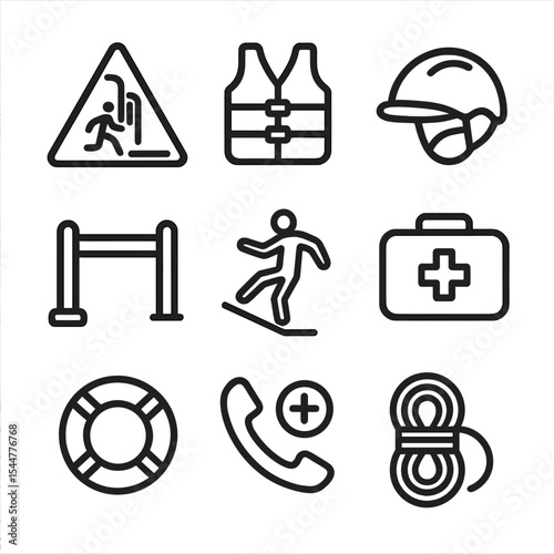 Waterfall Safety Icons. Outline icon set of waterfall safety elements: warning sign, life jacket, railing, helmet, slippery