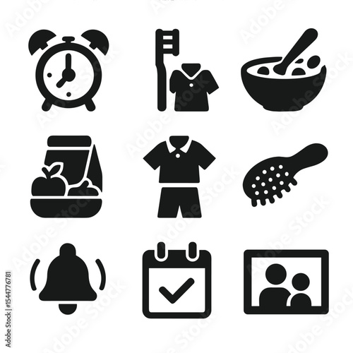Morning Routine Icons. Solid, filled icons set of morning school routine: alarm clock, toothbrush, cereal bowl