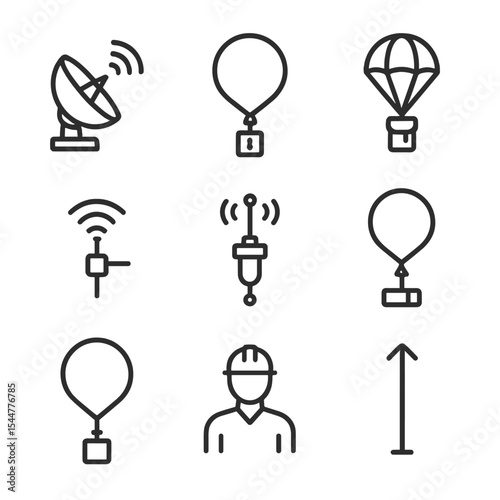 Weather Balloon Icons. Outline icon set of weather balloons: tracking radar, instrument payload, parachute pack, telemetry antenna