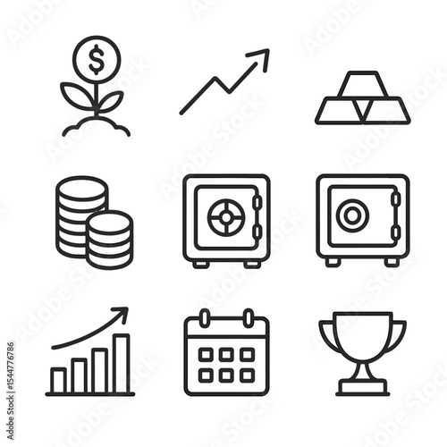 Wealth Strategy Icons. Outline icon set of wealth accumulation strategies: growing plant with coin, upward arrow, gold bar, coin