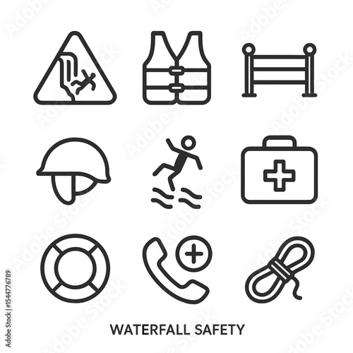 Waterfall Safety Icons. Outline icon set of waterfall safety elements: warning sign, life jacket, railing, helmet, slippery