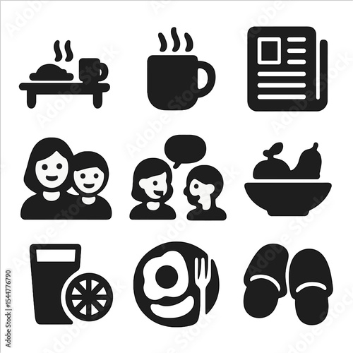Morning Routine Icons. Solid, filled icons set of morning family routines: breakfast table, coffee mug, family