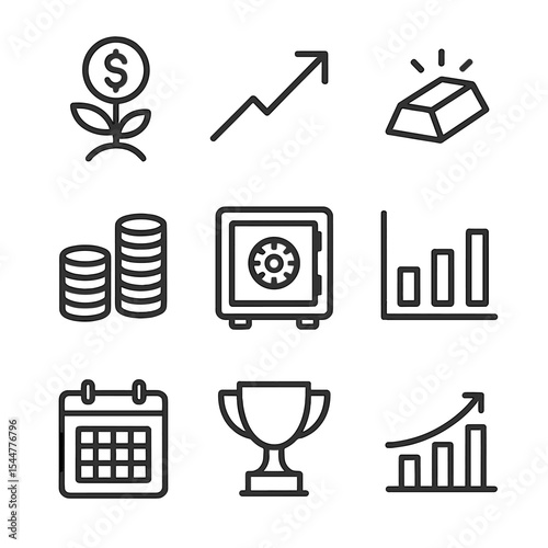 Wealth Strategy Icons. Outline icon set of wealth accumulation strategies: growing plant with coin, upward arrow, gold bar, coin