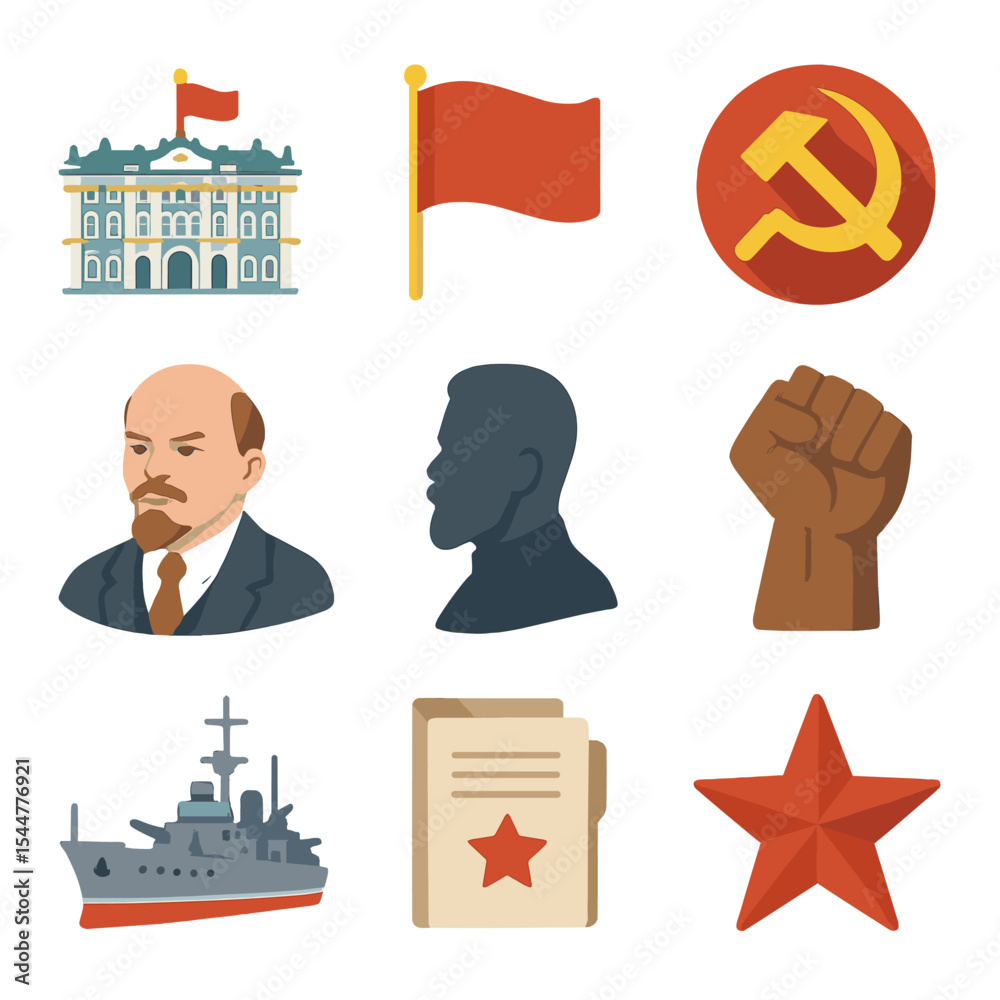 Naklejka premium Russian Revolution Icons. Isometric Flat icon set of Russian Revolution: Winter Palace, Bolshevik red flag, hammer and sickle