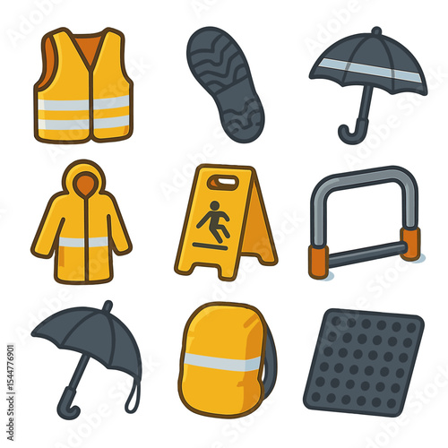 Wet-Weather Safety Icons. Isometric Flat icon set of wet-weather safety gear: reflective vest, non-slip boot sole, umbrella with