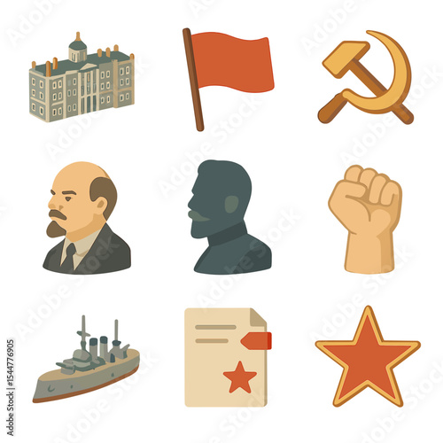 Russian Revolution Icons. Isometric Flat icon set of Russian Revolution: Winter Palace, Bolshevik red flag, hammer and sickle