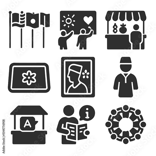 Multicultural Icons Grid. Solid, filled icons set of multicultural public areas: world flag row, community
