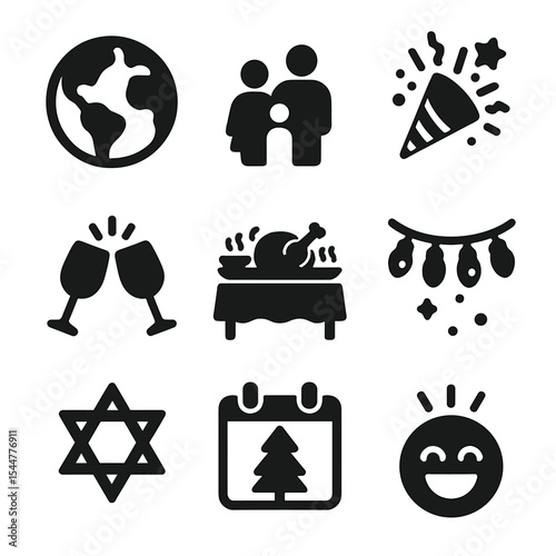 Multicultural Holiday Icons. Solid, filled icons set of multicultural family holidays: globe icon, family icon