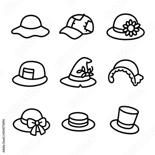 Whimsical Hat Icons. Outline icon set of whimsical hat variations: floppy brim hat, patchwork cap, sunflower hat, pocket hat, vine
