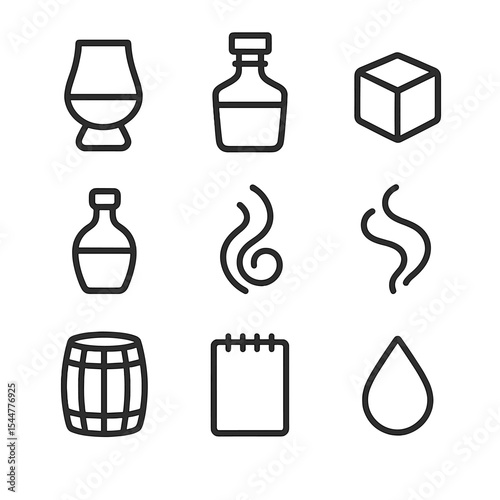Whiskey Tasting Icons. Outline icon set of whiskey tasting set: Whiskey glass, Whiskey decanter, Ice cube, Tasting flask, Aromatic