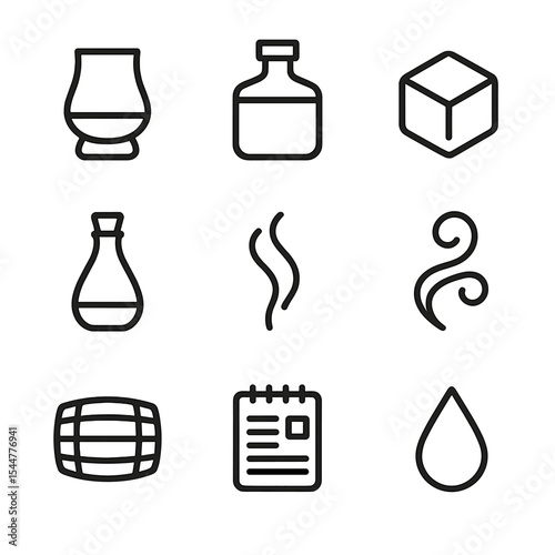 Whiskey Tasting Icons. Outline icon set of whiskey tasting set: Whiskey glass, Whiskey decanter, Ice cube, Tasting flask, Aromatic