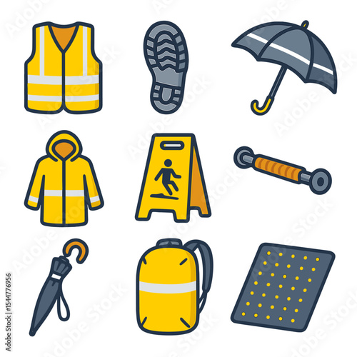 Wet-Weather Safety Icons. Isometric Flat icon set of wet-weather safety gear: reflective vest, non-slip boot sole, umbrella with