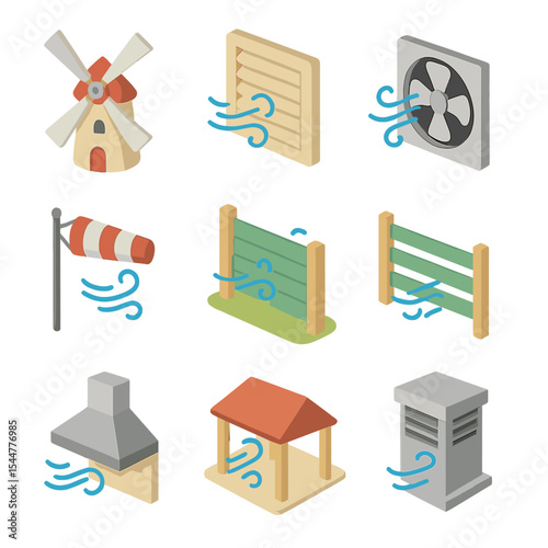 Wind Architecture Icons. Isometric Flat icon set of wind in architecture: windmill, louver, ventilator, windsock, wind barrier,
