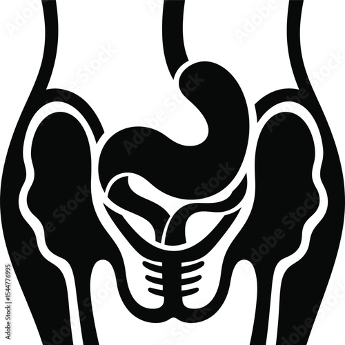 A black and white stylized anatomical illustration of the human digestive system in silhouette form