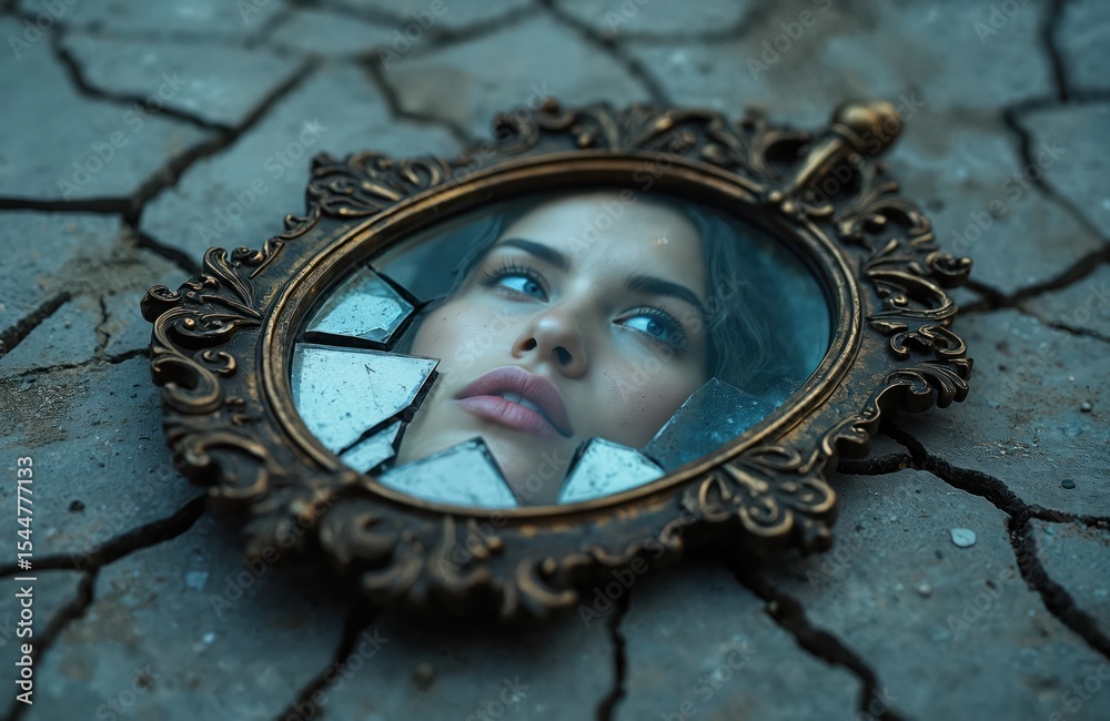 Obraz premium Broken mirror reflects woman fragmented face, capturing shards of identity. Fractured image emotions, introspection, mental state. Concept of damage, fragility, self, mental health. Portrait of