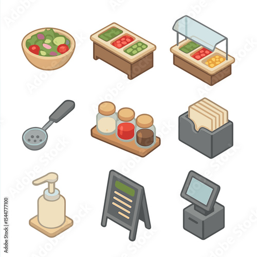 Salad Bar Icon Set. Isometric Flat icon set of salad bar stations: self-serve bowl, ingredient station, sneeze guard, portion