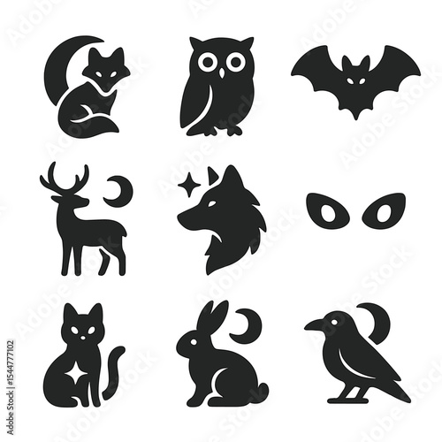Mystical Night Creatures. Solid, filled icons set of mystical night creatures: moon fox, silent owl, night bat