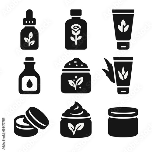 Natural Beauty Icons. Solid, filled icons set of natural beauty products: herbal serum, rose water, green clay