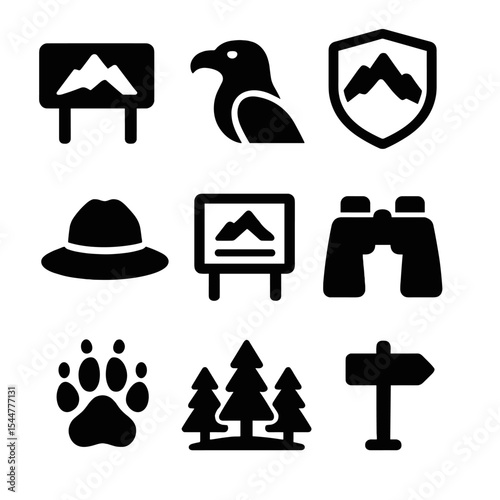 National Park Icons. Solid, filled icons set of national parks with peaks: park sign, protected eagle,