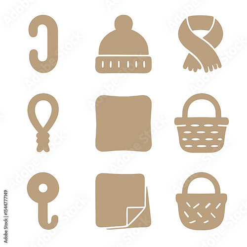 Natural Home Icons. Solid, filled icons set of natural home elements: wooden hook, wool hat, cotton scarf, rope loop, linen fabric, rustic basket, wall peg, natural color, cozy icon.