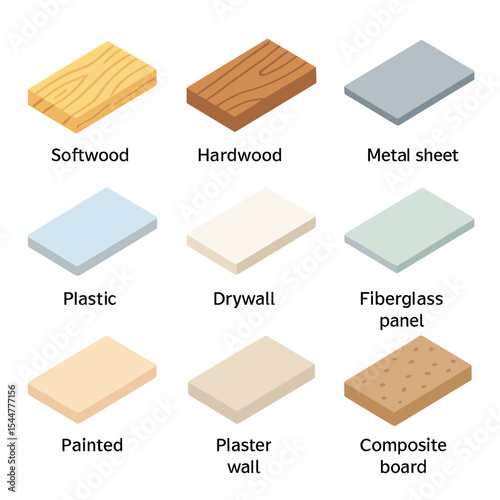Sanding Surface Icons. Isometric Flat icon set of surface materials for sanding: softwood plank, hardwood board, metal sheet,