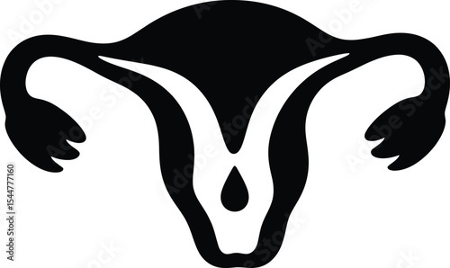 A stylized black and white illustration of a uterus with fallopian tubes and a single drop below it silhouette